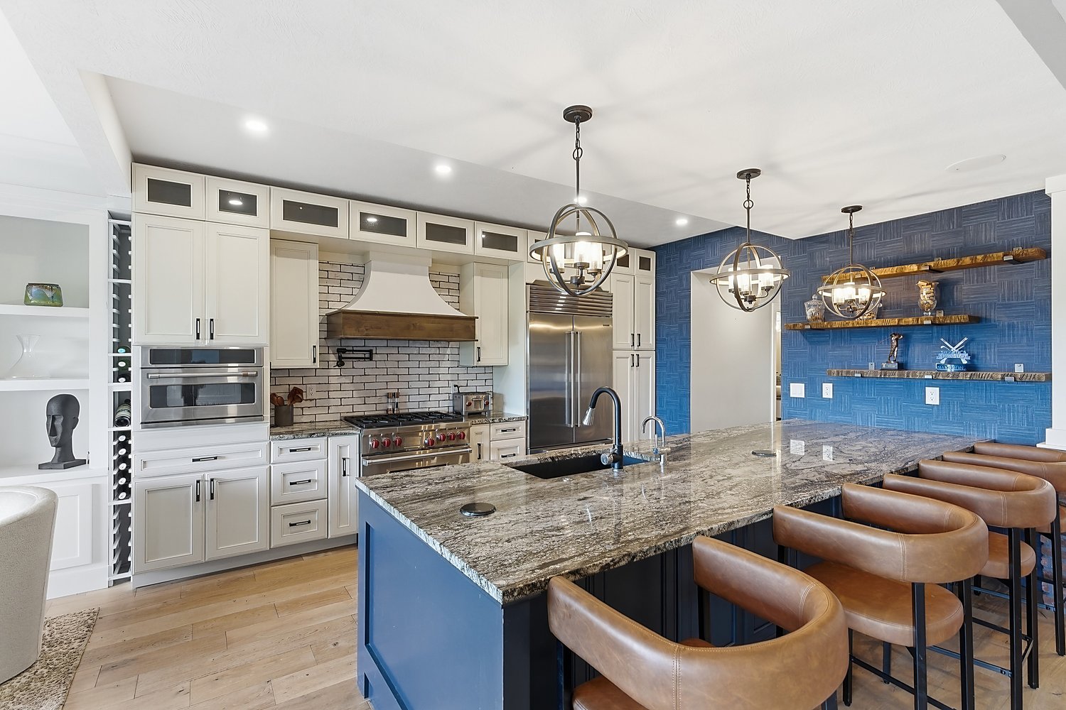 Kitchen with blue island